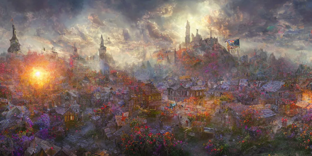 Image similar to and when this happens, and when we allow freedom ring, when we let it ring from every village and every hamlet, from every state and every city, ultrafine highly detailed hyper colorful illustration, sharp focus, rozalski, unreal engine highly rendered, global illumination, radiant light, intricate and detailed environment