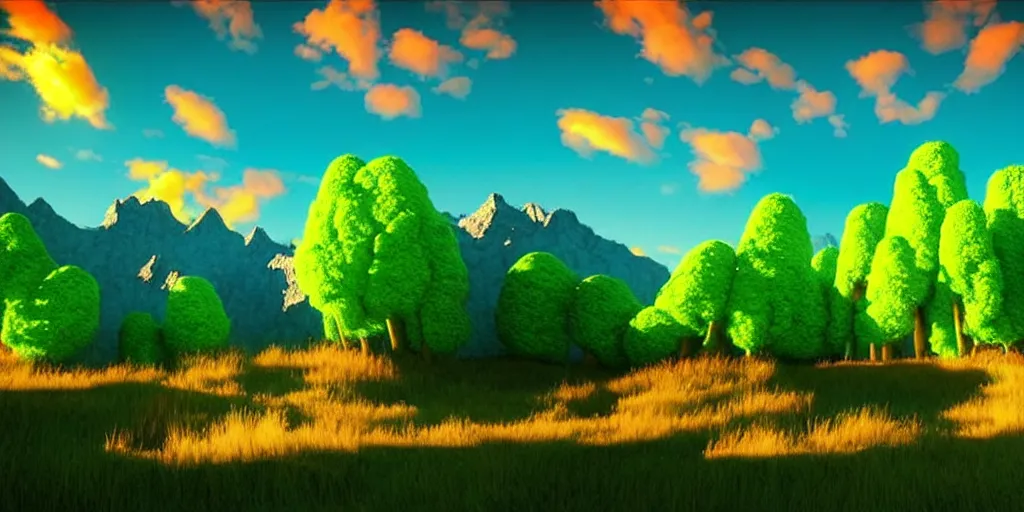 Image similar to a beautiful 3 d fantasy landscape art, orange clouds in the blue sky and green trees, snowy mountains, 3 d art, unreal engine 5, hyper realism