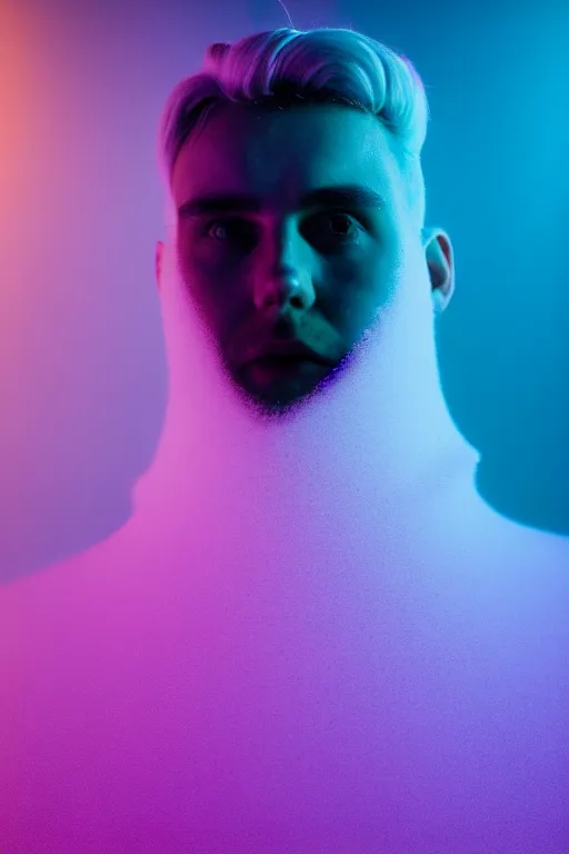 Image similar to high quality pastel coloured film wide angle selfie photograph of an male cyber boy standing in an icelandic black rock environment. three point light. photographic. art directed. pastel colours. volumetric light. stark. waves glitch. 8 k. filmic.