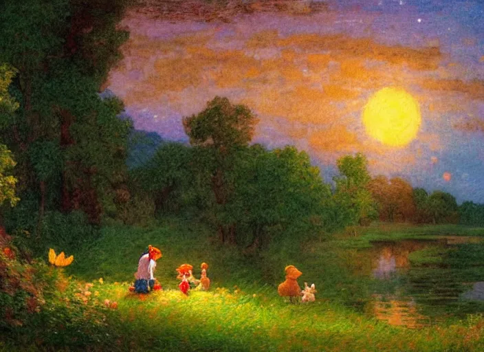 Image similar to romanticism impressionism landscape painting of winnie the pooh characters at night, night time, colorful paper lanterns, in the style of hudson river school and thomas cole and albert bierstadt and robert duncanson and vincent van gogh and claude monet