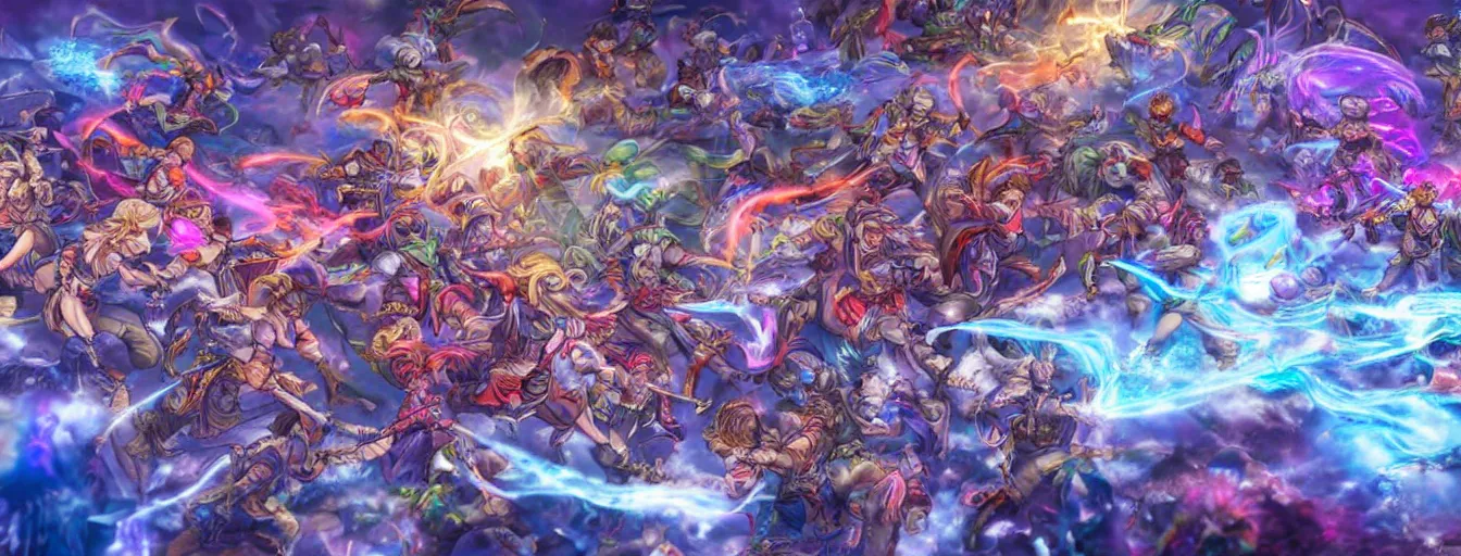 Image similar to a zoomed out panoramic view of rainbow soul ice spirits fighting on the battlefield. hyperrealistic anime background illustration by kim jung gi, colorful, extremely detailed intricate linework, smooth, super sharp focus, bright colors, high contrast, matte, octopath traveler, unreal engine 5 highly rendered, global illumination, radiant light