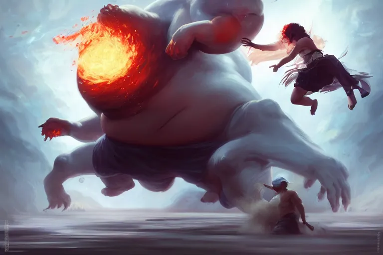 Image similar to a dynamic painting of a sorcerer fighting a gigantic white fat monster, obese monstrosity fight by charlie bowater, artgerm, ilya kuvshinov, krenz cushart, ruan jia, realism, ultra detailed, 8 k resolution