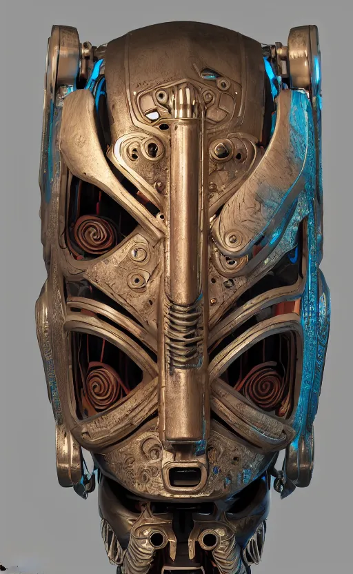 Image similar to cyberpunk tribal mask, robot, japanese pottery, vivid colors, wood, metal, intricate details, trending on cgsociety, concept art, glowing eyes, sharp focus, ultra realistic details, cinematic atmosphere, global illumination, shadows, octane render, 8 k