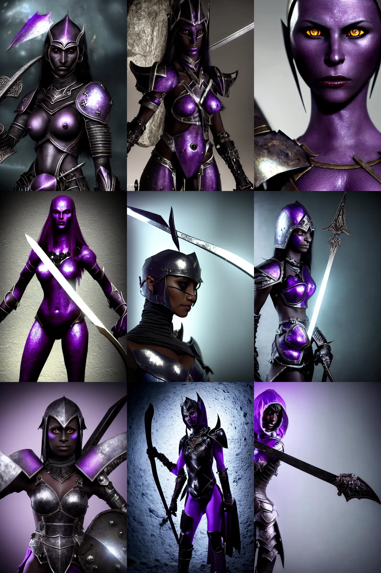 Prompt: an ultra high definition real life close up documentary photograph of female dark elf with dark black purple skin wearing metal armour and holding sword in an underground cave lair. close up. three point lighting. volumetric. refraction. extremely detailed. soft focus. ambient light sources. haze artefacts, light glare, art directed. filmic. stark.