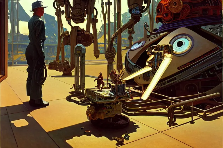 Image similar to natural american landscape | robot repairing another robot, painting by syd mead and weta studio, alphonso mucha, james jean, frank frazetta, highly detailed, rule of third, soft lighting, 8 k resolution, oil on canvas, architectural magazine, beautiful detailed, insanely intricate details, artstation trending, hypermaximalistic, high details, cinematic