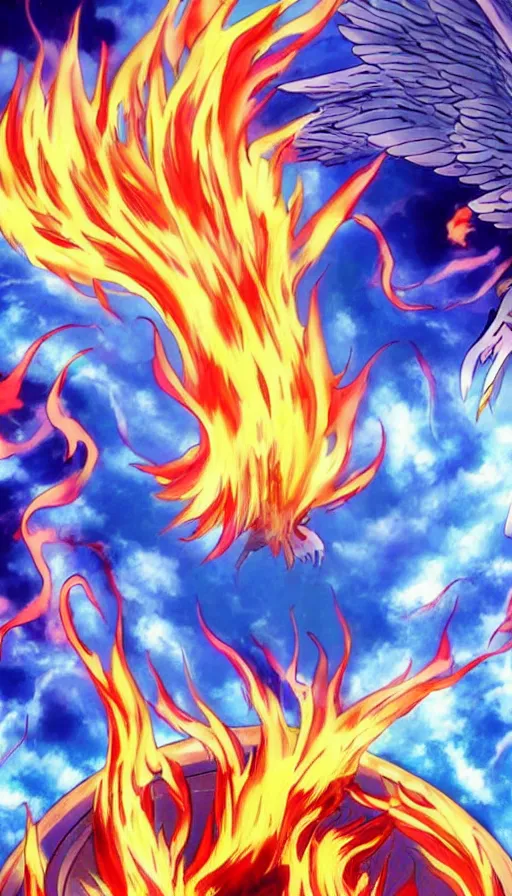 Image similar to a high quality anime still of fire and water mixing together, conveying a sense of balance inspired by the Temperance tarot card,