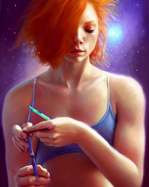 Prompt: female artist painting self - portrait, perfect face, magic, halter top, ginger hair, abs, cinematic, freckles, stunning, adorable, cute, athletic, strong, agile, highly detailed, psychedelic, digital painting, artstation, smooth, hard focus, illustration, art by jessica rossier and and brian froud