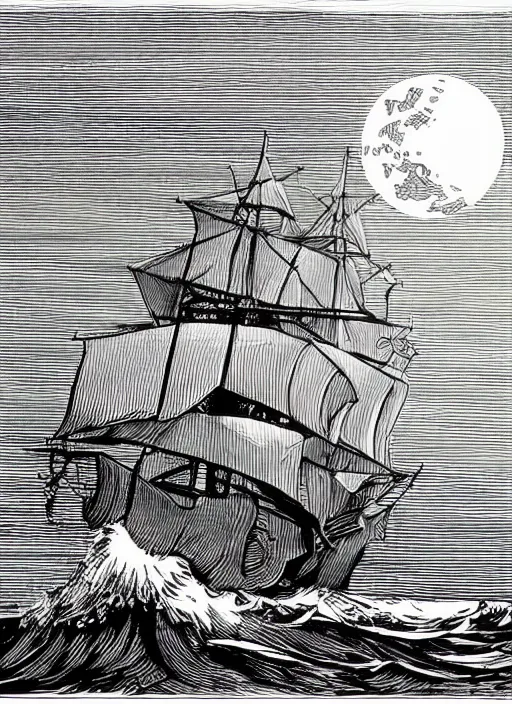 Image similar to galleon on the high seas big waves moonlight, art by james o barr and albrecht durer, woodblock print, engraved, black and white, vector, vector art