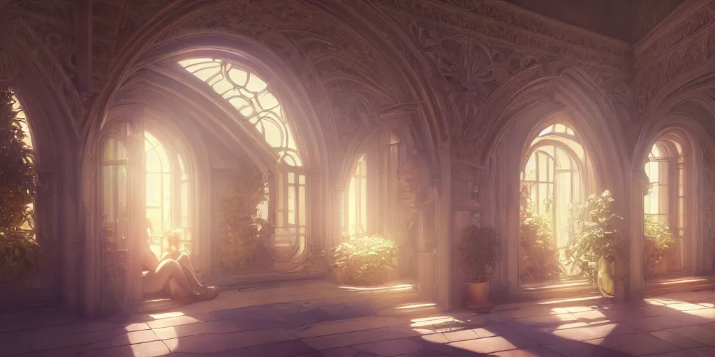 Image similar to ultra realistic, artstation, concept art, natural lighting, by artgerm and greg rutkowski and alphonse mucha and wlop, heaven dreamy interior with surrounded archways. rendered in octane render with photorealistic lighting, 8 k, hd