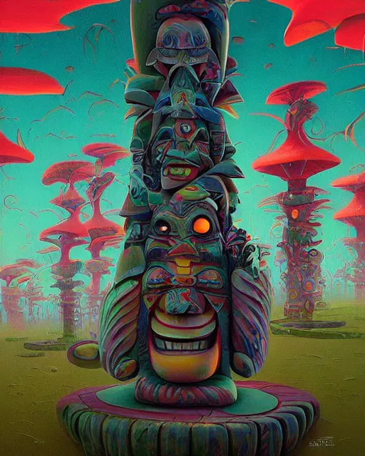 Prompt: a painting of a tribal tiki hut totem pole, a surrealist painting by Naoto Hattori, Roger Dean, Pablo olivera and Stanisław Lem and Paul Lehr, by Beeple, by Makoto Shinkai and Lois van baarle, trending on deviantart, pop surrealism, lowbrow, grotesque, whimsical