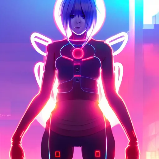 Image similar to digital cyberpunk anime fullbody!! character concept art gorgeous anime girl symmetrical face, small female android cyborg - angel glowing red left eye and glowing blue right eye, wlop, rossdraws, sakimimichan, ilya kuvshinov, krenz cushart, greg rutkowski.