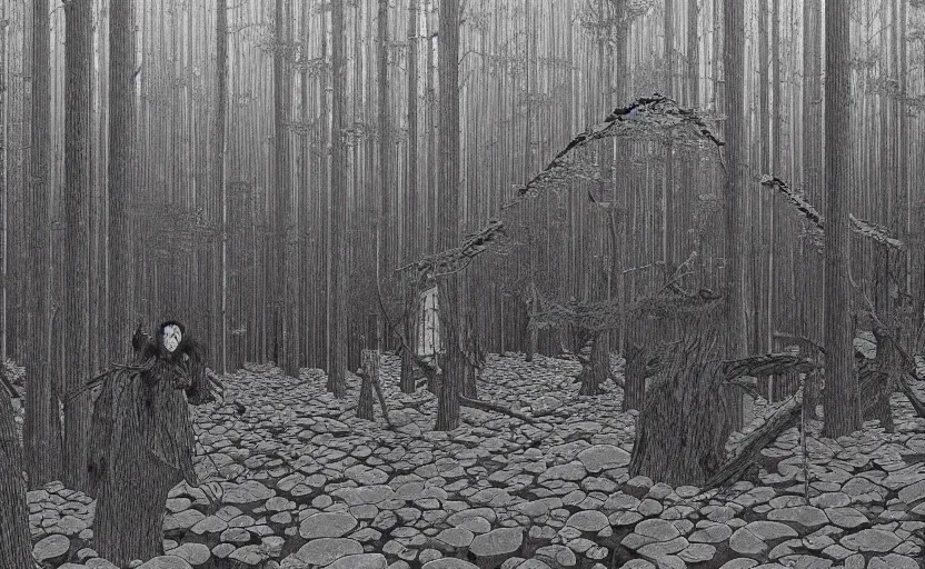 Prompt: giant forest with single wooden cabin, made by Kawase Hasui in unkiyo-e style in disturbing and gloomy atmosphere in Junji Ito style with vibes of Joe Fenton, H. R. Giger, M. C. Escher, Z. Beksinski