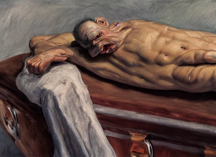 Image similar to Real life Homer Simpson, deceased in a casket, painted by Lucian Freud, highly detailed, 8k