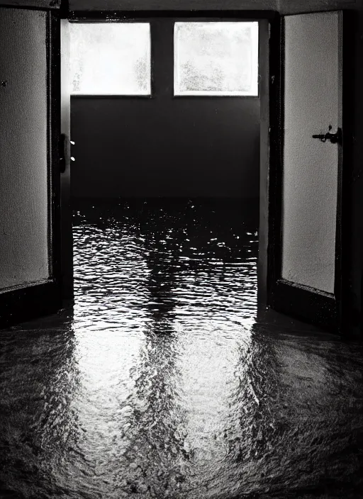 Prompt: dark water rushing out through an open door, in the style of the Dutch masters and Gregory Crewdson, dark and moody