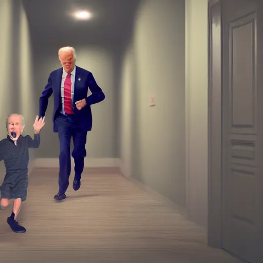 Prompt: joe biden chasing a child in the backrooms, hyper - realistic, 4 k, octane - render, realistic.