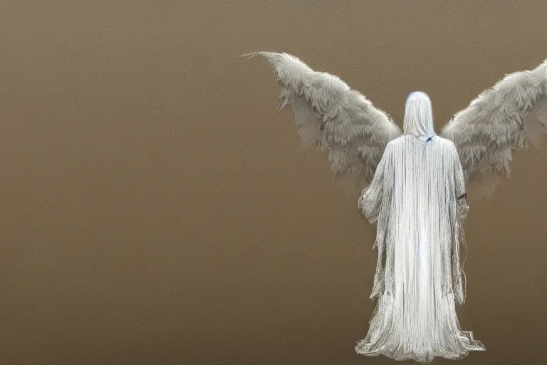 Prompt: a white angel with feathered wings open, digital art in the style of Zdzislaw Beksinski , 4k