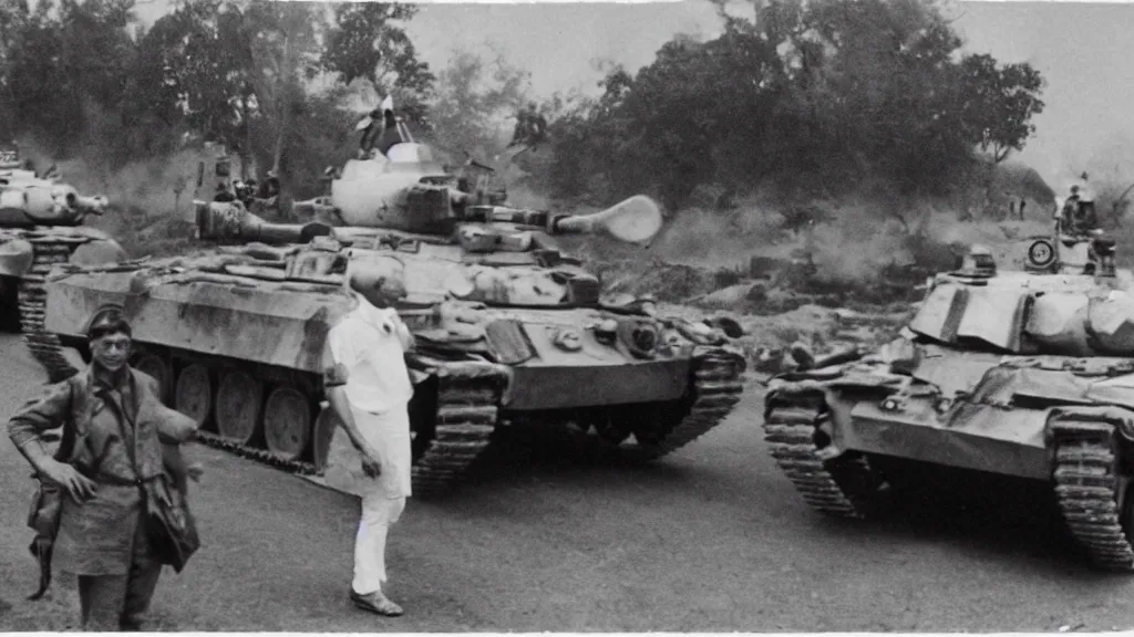 Prompt: old historic photograph of a person in white shirt, white holding grocery bags, standing on the road in front of four battle tanks approaching him