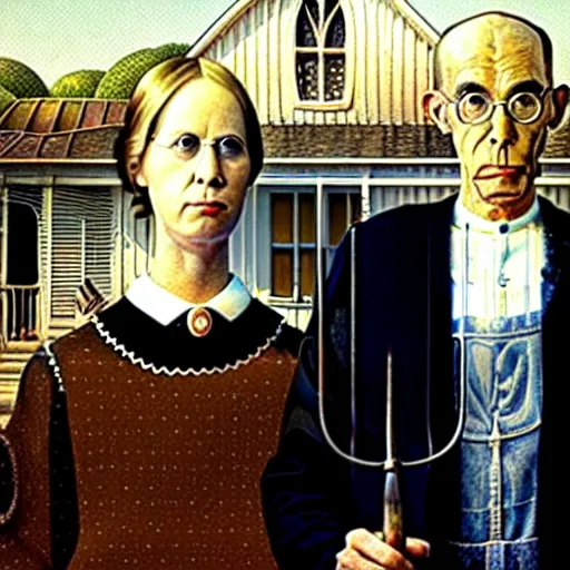 Prompt: american gothic with bananas for tines