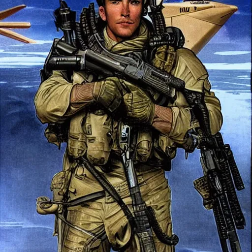 Image similar to Hector. Handsome USN special forces recon operator in near future gear, cybernetic enhancment, on patrol in the Australian neutral zone, 22 years after the Helvetica Event. 2087. Concept art by James Gurney and Alphonso Mucha