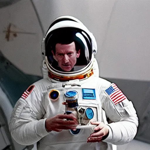 Prompt: incredible Film still of a 1980s sci fi astronaut holding a detailed salt crystal in his hand, astonished look conveying a sense of luxury and greed, dark sci fi atmosphere