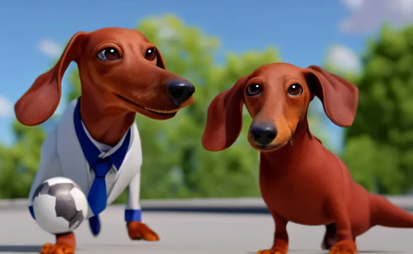 Image similar to happy dachshund catching a ball, suit, business outfit, cgi, 3 d animation, pixar