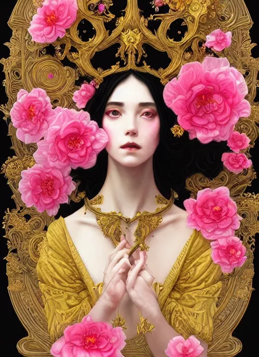 Image similar to beautiful black pink yellow, complicated gold and pink flowers in baroque style headwears, dark fantasy, intricate, elegant, highly detailed, digital painting, artstation, concept art, matte, 3 d 8 k octane rendered, sharp focus, illustration, octane rendered, art by artgerm and alphonse mucha, leesha hannigan