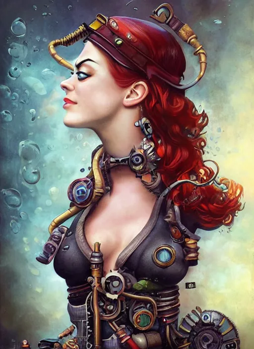 Image similar to underwater steampunk pirate portrait of emma stone, pixar style, by tristan eaton stanley artgerm and tom bagshaw.