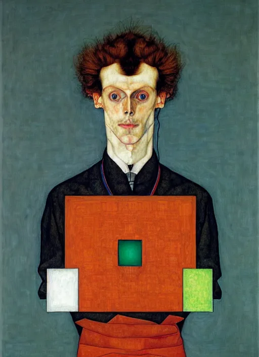 Prompt: creative coder with a computer in geometric harmony, by egon schiele and quint buchholz, portrait, colorful, escher, detail