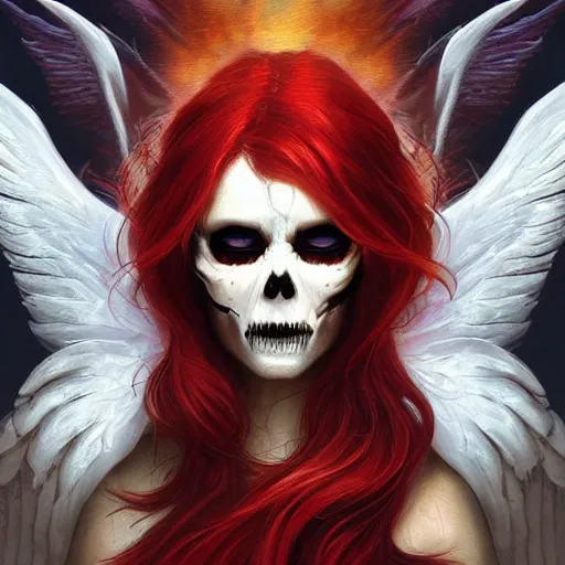 Image similar to A beautiful digital painting of archangel with red hair, skull face, burning wings, princess, a ghostly skull , D&D, fantasy, intricate, cinematic lighting, highly detailed, digital painting, Artstation, concept art, smooth, sharp focus, illustration, art by Artgerm and Greg Rutkowski, Alphonse Mucha and charlie bowater