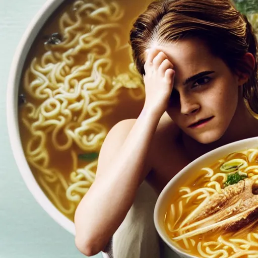 Prompt: emma watson bathing in a big bowl of ramen. architectural digest.