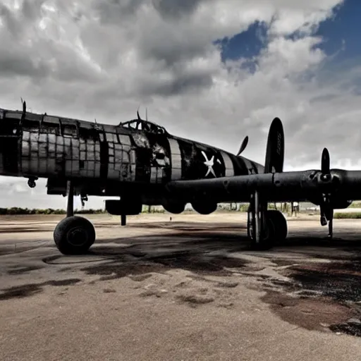 Prompt: A destroyed B-29 Superfortress at an airbase undergoing routine maintenance, wasteland, sun overhead, Second World War, hyper realistic, super detailed, 4k, HDR, sharp focus, shading, stunning visuals