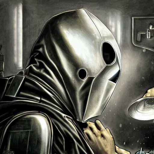 Image similar to photorealistic detail portrait of a doctor doom repairing his garbage machine, good lighting, trendy, good quality, smooth draw, sharp focus, trending on deviantart.