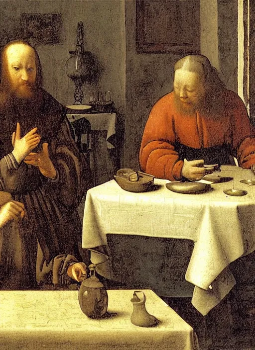 Image similar to a candlelit table at the inn, two people sitting at the table, swirling smoke, dark smoke, realistic, in the style of leonardo da vinci, dutch golden age, amsterdam, medieval painting by jan van eyck, johannes vermeer, florence