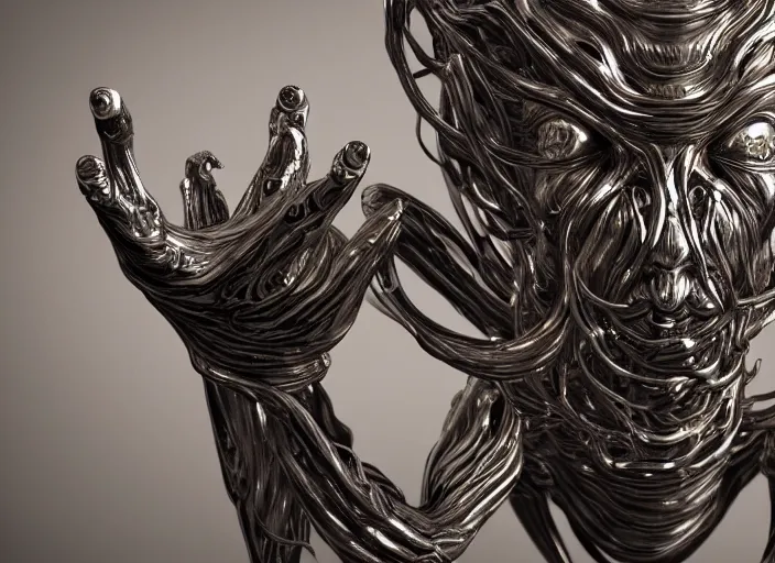 Image similar to stylized shiny polished silver statue full body extra limbs bizarre cosmic horror demonic demon made of marble of slug creature tendrils, perfect symmetrical body, perfect symmetrical face, hyper realistic, hyper detailed, by johannen voss, by michelangelo, octane render, blender, 8 k, displayed in pure white studio room