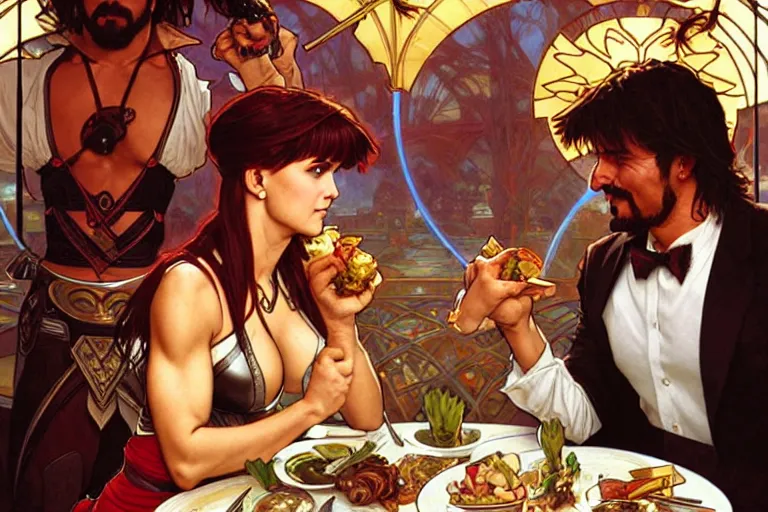 Image similar to xena warrior princess eating at a restaurant, with a hispanic man in a suit as her companion, art by artgerm and greg rutkowski and alphonse mucha