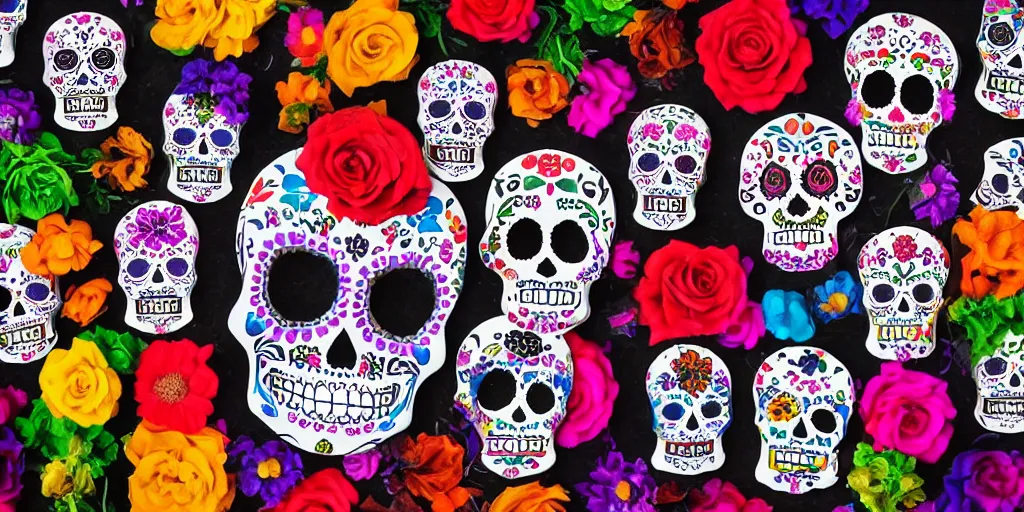 Prompt: day of the dead themed foods and drinks, food and drink birthday party celebration, food, drink, birthday party, day of the dead themed foods and drinks, colorfull, sugar skull, kids, child, photo realistic, hyper realistic, detailed, sharp, focused, focused, detailed, sharp, instagram, pinterest, influencer, 8 k, hyperrealistic, octane render