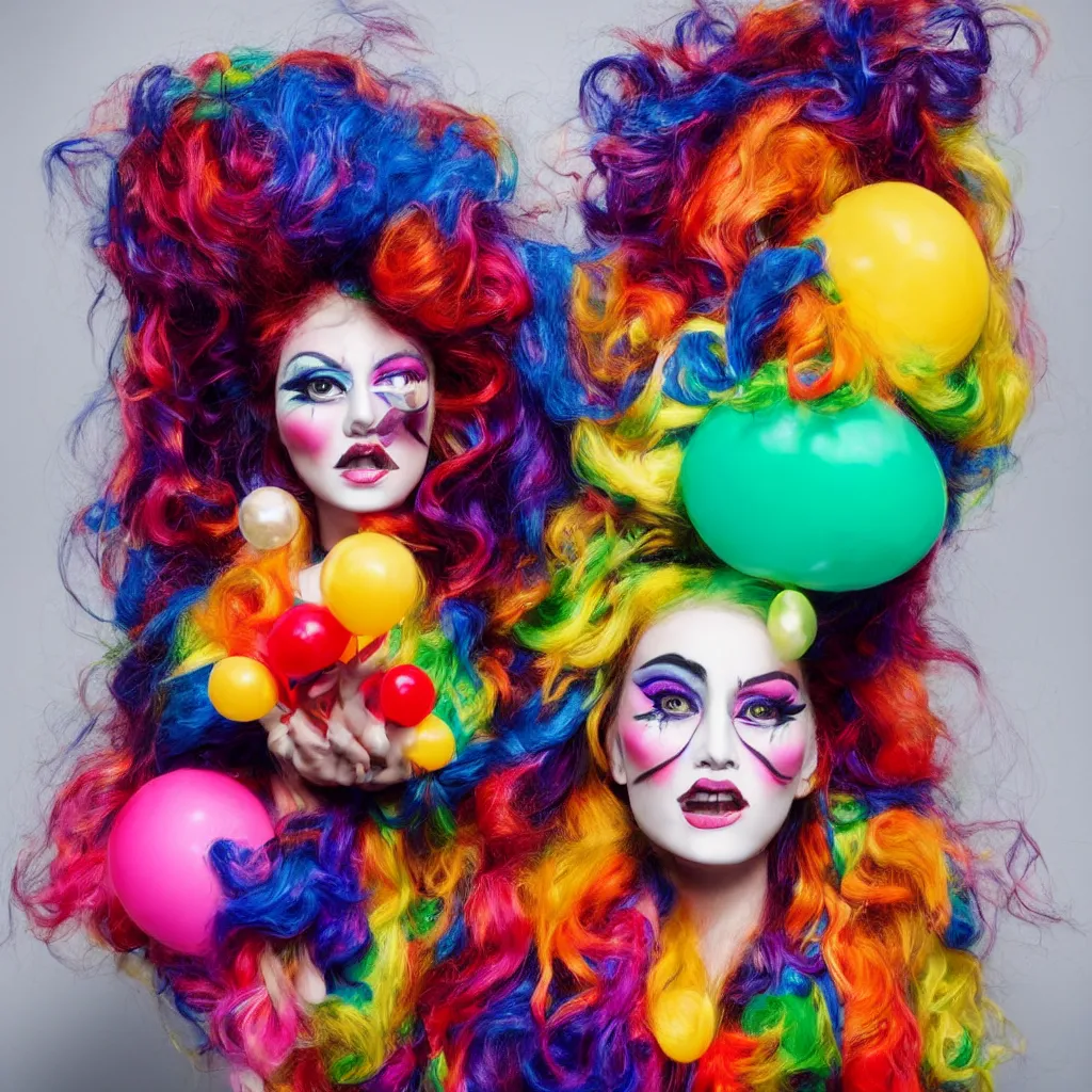 Image similar to a funny humanoid with big colorful hair wearing exaggerated makeup and colorful oversized garments, holding a balloon, portrait, polaroid