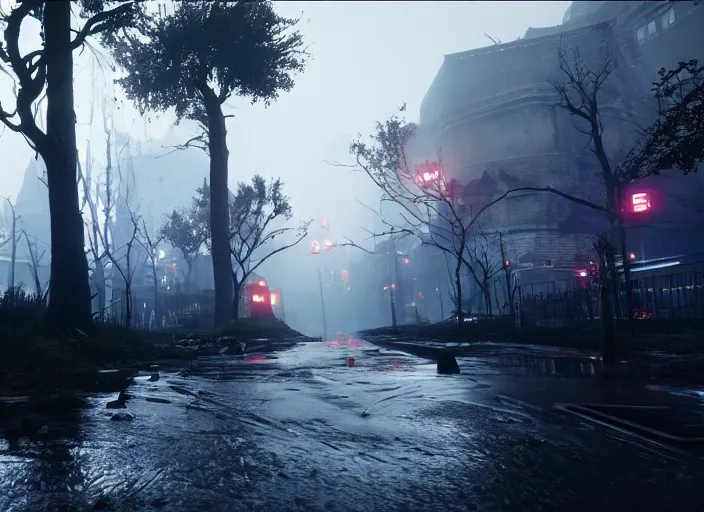 Image similar to dark, misty, foggy, flooded, new york city swamp street in destiny 2, rain, liminal, dark, dystopian, large creatures in distance, abandoned, highly detailed 4 k 6 0 fps in - game destiny 2 gameplay screenshot leak