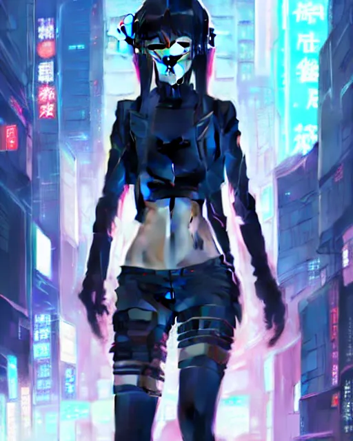 Image similar to Beautiful full body portrait of beautiful cyberpunk anime woman by Greg Rutkowski and Krenz Cushart and Pan_Ren_Wei and Hongkun_st and Bo Chen and Enze Fu and WLOP and Alex Chow, Madhouse Inc., anime style, crepuscular rays, set in rainy futuristic cyberpunk Tokyo street, dapped light, dark fantasy, feminine figure, smooth skin, gorgeous, pretty face, beautiful fashion model body, high detail, hyper realistic, cgsociety, trending on artstation