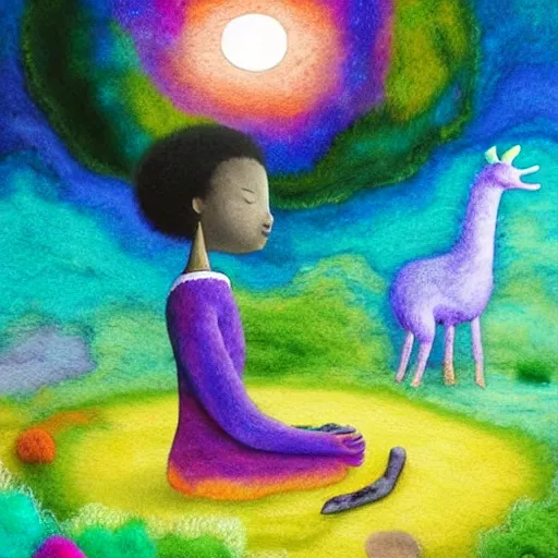 Image similar to a black girl with a colorful afro and big colorful eyes meditating in an african zen garden at sunset, bright colours, bokeh!!, watercolor, volumetric wool felting, macro photography, children illustration, by goro fujita