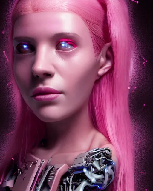 Prompt: portrait of a beautiful french woman with pink hair as a cyberpunk cyborg half robot, skin open to reveal wires and electronics, sci - fi, missing panels, intricate abstract upper body intricate artwork, concept art, octane render, deviantart, cinematic, key art, hyperrealism, iridescent accents, portrait photograph, nikon 3 5 mm, photograph by greg rutkowski