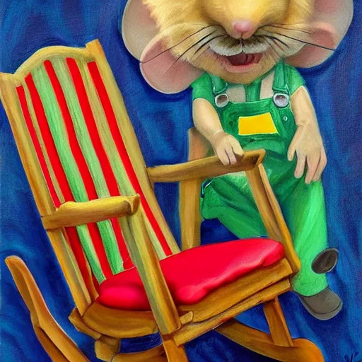 Image similar to a painting of grandpa rat wearing overalls on a rocking chair, telling stories, cute and wonderful vivid painting