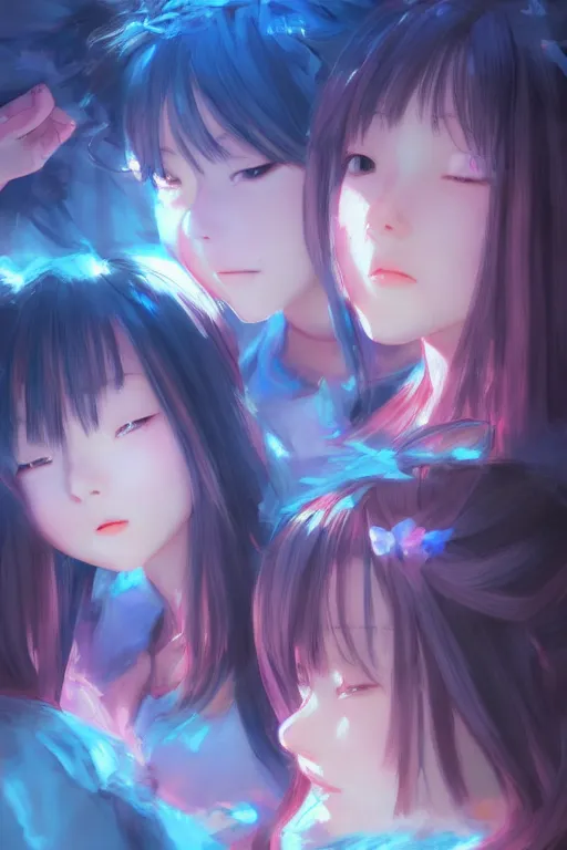 Prompt: 3d infrared octane render concept art by Mo Xiang Tong Xiu, by Igarashi Daisuke, by makoto shinkai, cute beauty cozy portrait anime schoolgirls under dark pink and blue tones, mirror room. light rays. water bellow. pretty realistic face. dramatic light, trending on artstation, oil painting brush