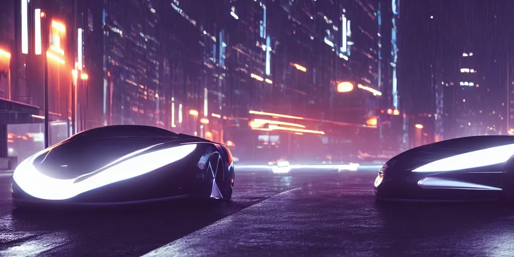 Prompt: cinematic movie scene, beautiful Product shot film still of a Syd Mead futuristic modern sleek automobile with bright headlights on a wet street at night in cyperpunk city, motion, hard surface modeling, volumetric soft lighting, style of Stanley Kubrick cinematography, 8k H 768