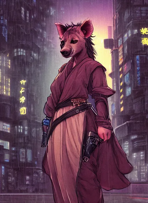 Prompt: character portrait of a female anthro hyena fursona with a cute beautiful attractive furry face and long black curly hair wearing jedi robes in a cyberpunk city at night while it rains. hidari, color page, tankoban, 4K, tone mapping, Akihiko Yoshida.