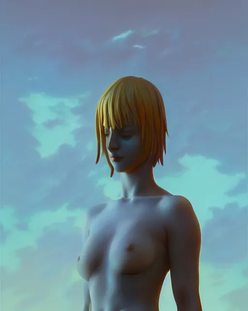 Image similar to a painting of a woman standing in front of a statue, a screenshot by stanley twardowicz, cgsociety, aestheticism, aesthetic, vaporwave, anime aesthetic