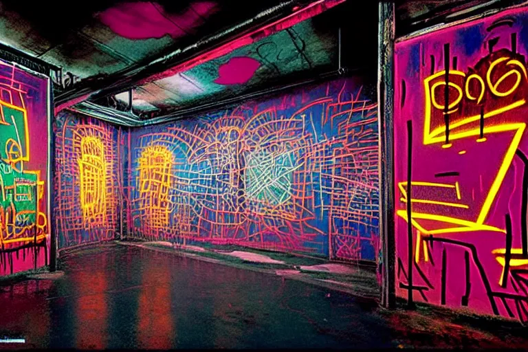 Prompt: the inside of a symmetrical hellish dungeon, mirrors and neon gas, matte painting, 4 k, epic composition, volumetric light, abstract illusionism, by william stout, jean - michel basquiat, pour paint, modern street art, grunge wall, industrial