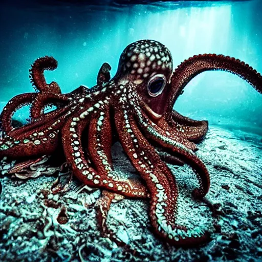 Image similar to an octopus made out of decaying human skeleton, beautiful underwater nature photograph with dynamic lighting and murky water