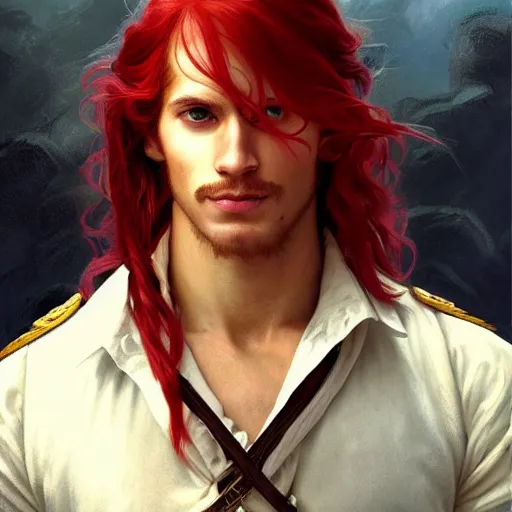 Prompt: portrait of a young pirate captain, male, masculine, handsome, upper body, red hair, long hair, cheerful, D&D, fantasy, intricate, elegant, highly detailed, digital painting, artstation, concept art, sensual, matte, sharp focus, illustration, art by Artgerm and Greg Rutkowski and Alphonse Mucha