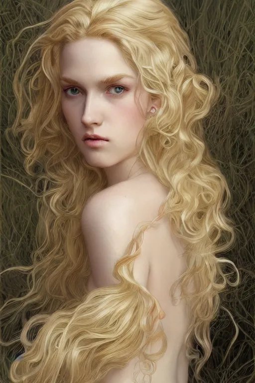 Prompt: beautiful cottagecore pale blond androgynous Lucius , long fluffy curly blond hair, pale skin, innocent, intricate, elegant, highly detailed, digital painting, artstation, concept art, smooth, sharp focus, illustration, art by artgerm and greg rutkowski and alphonse mucha